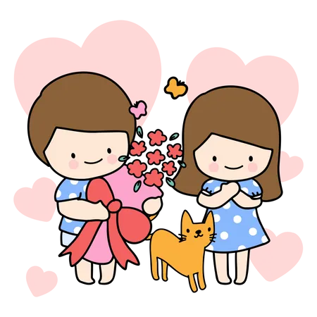 Cute Girl And Boy Drawing Cartoon Style Young Couple For Valentines Card With Text Cartoon Character Flat Design Vector Illustration Illustration