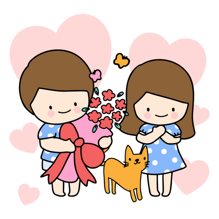 Young Boy Giving Bouquet To Girl  イラスト