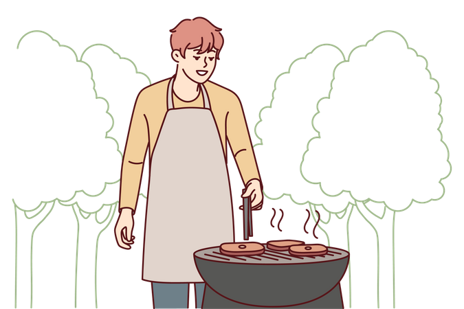 Young boy grill Pork Meat  Illustration