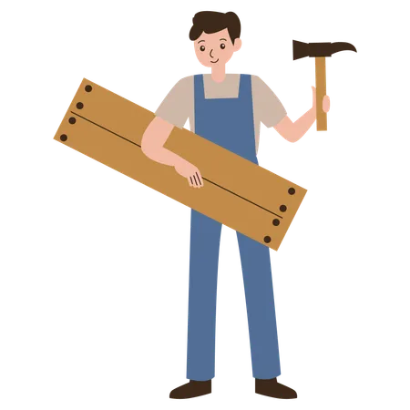Young Boy hammering wooden log  Illustration