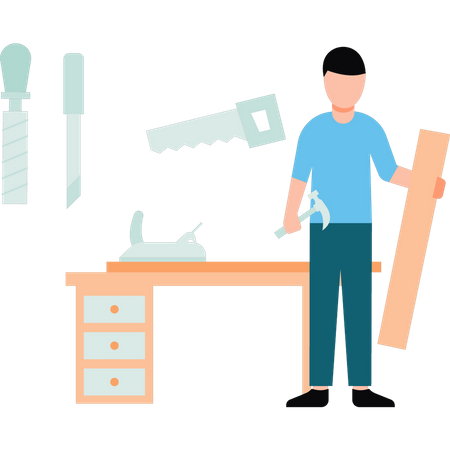 Young boy has carpentry business  Illustration
