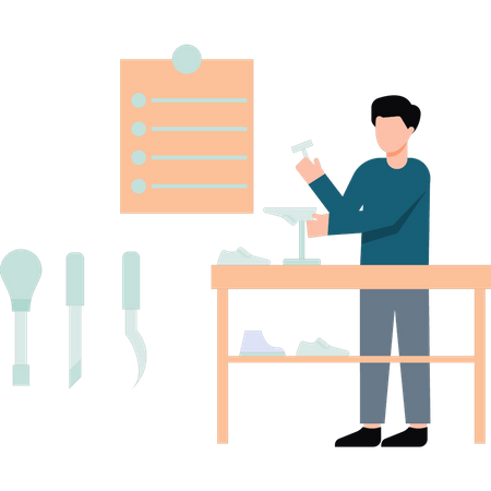 Young boy has shoe making business  Illustration
