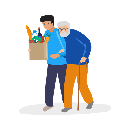 Young boy helping old man Illustration