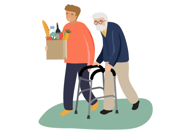 Young boy helping old man  Illustration