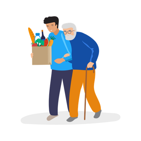 Young boy helping old man  Illustration