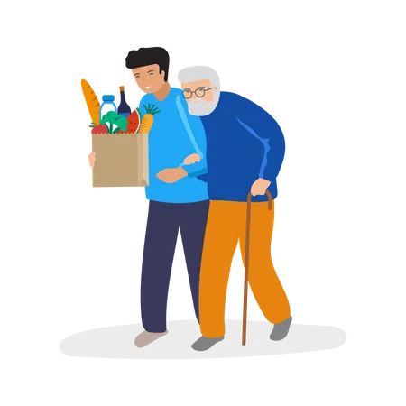 Young boy helping old man  Illustration