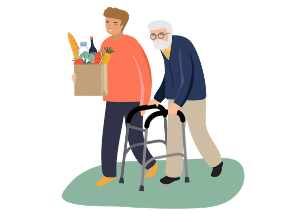 Young boy helping old man  イラスト