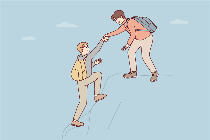 Young boy helping to his friend to climbing up  Illustration