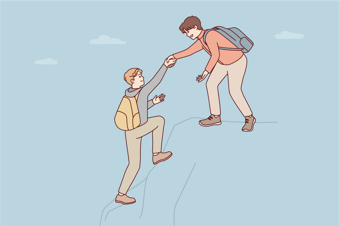 Young boy helping to his friend to climbing up Illustration
