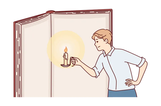 Young boy holding candle in hand and read book  Illustration