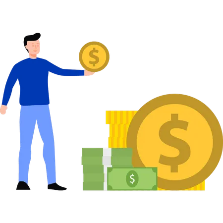 Young boy holding dollar coins and notes  Illustration