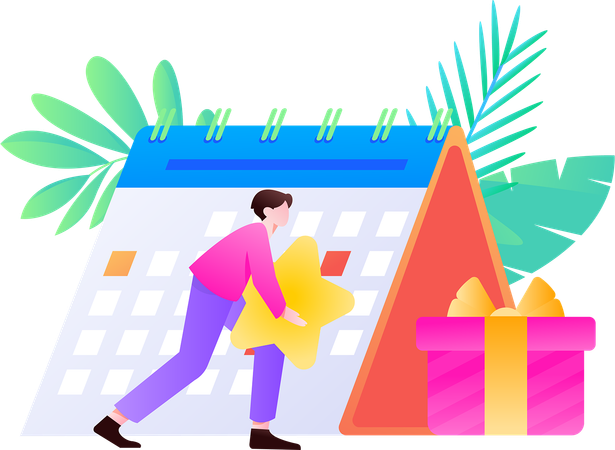 Young boy holding star while making schedule planning  Illustration