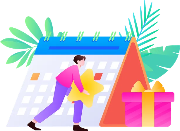 Young boy holding star while making schedule planning  Illustration