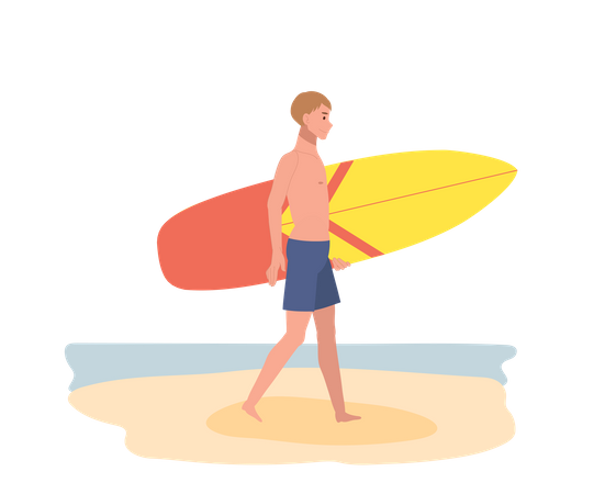 Young boy holding surfboard on the beach  Illustration