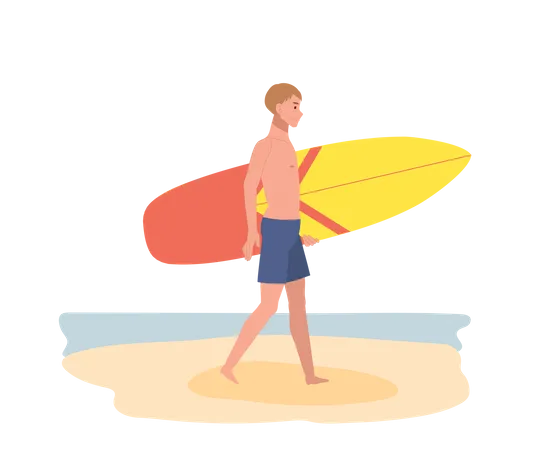 Young boy holding surfboard on the beach  Illustration