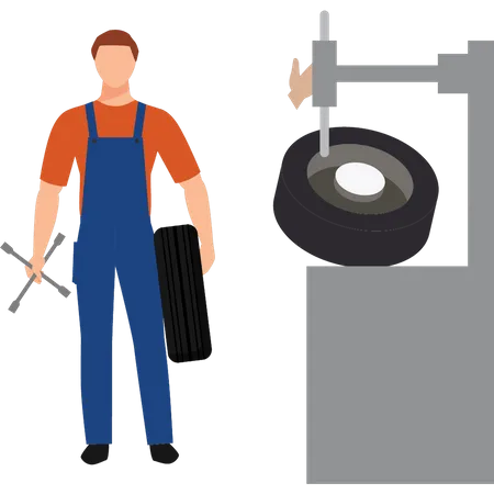 Young boy holding tire and cross wrench Illustration