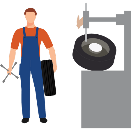 Young boy holding tire and cross wrench  Illustration