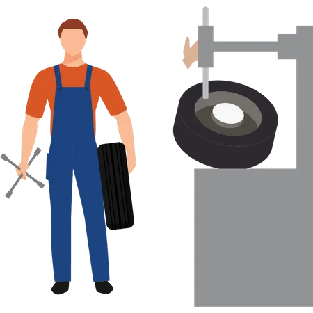 Young boy holding tire and cross wrench  Illustration