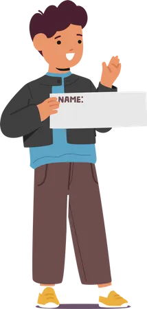 Young Boy Character Proudly Holds A Banner Displaying Blank Place For The Name Radiating Joy And Enthusiasm As He Shares His Identity Or Introduce To Somebody Cartoon People Vector Illustration Illustration