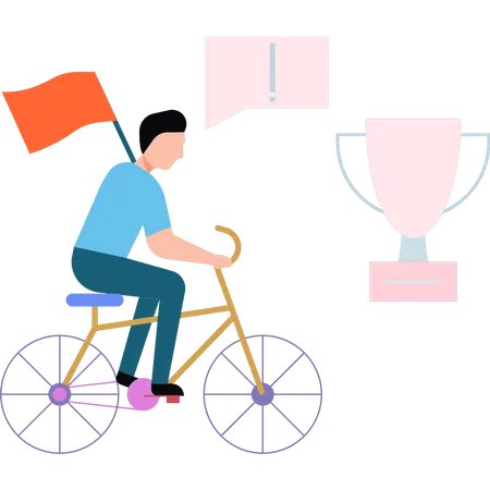 Young boy holds flag in bicycle race  Illustration