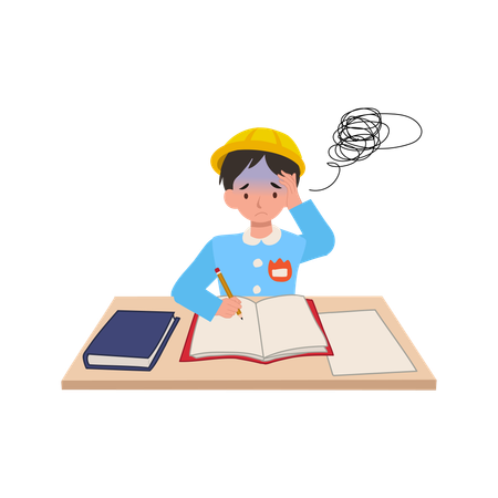 Young boy in japanese kindergarten uniform struggling with difficult homework at school desk  Illustration