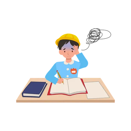 Young boy in japanese kindergarten uniform struggling with difficult homework at school desk  Illustration