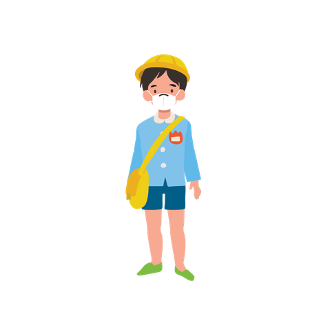 Young Boy in Japanese Kindergarten Uniform Wearing Face Mask, Promoting Health-Conscious Education  Illustration