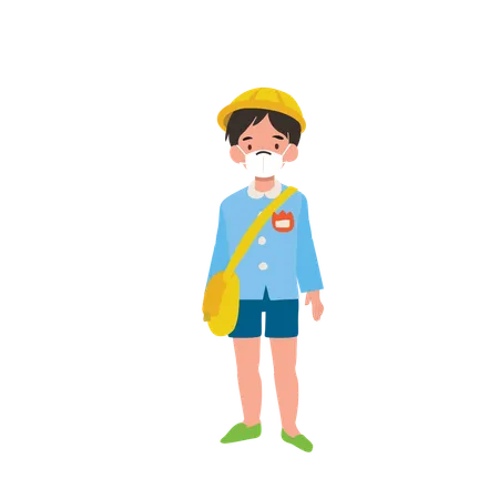 Young Boy in Japanese Kindergarten Uniform Wearing Face Mask, Promoting Health-Conscious Education  Illustration