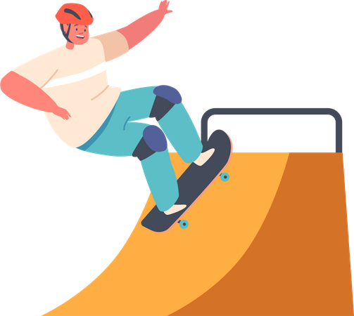 Young Boy In Jumping On Skateboard Illustration