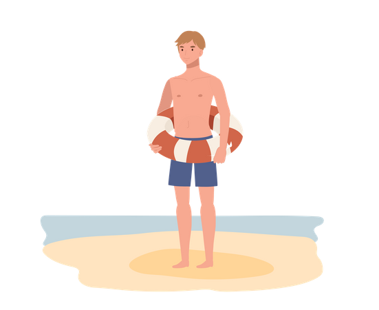 Young boy in swim suit while holding life ring on the beach  Illustration