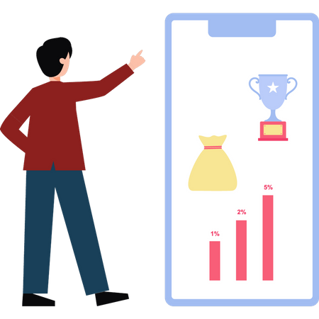Young boy is looking at the business trophy on mobile  Illustration