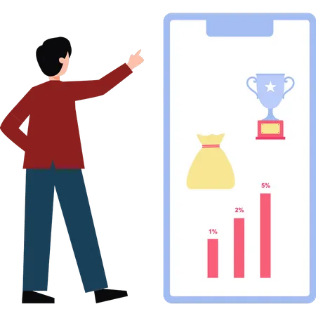 Young boy is looking at the business trophy on mobile  Illustration