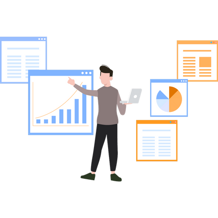 Young boy is looking at the progress of the graph  Illustration