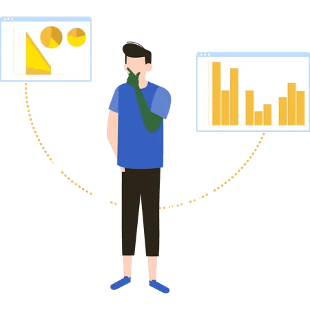 Young boy is standing and thinking about business chart  Illustration