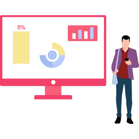 Young boy is using a mobile phone while presenting chart  Illustration