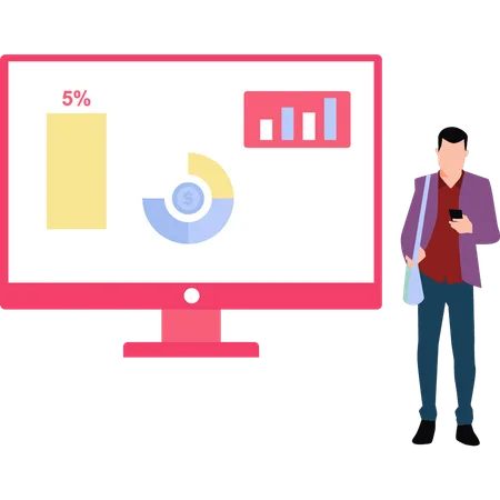 Young boy is using a mobile phone while presenting chart  Illustration