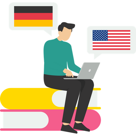 Young boy learning foreign course online  Illustration
