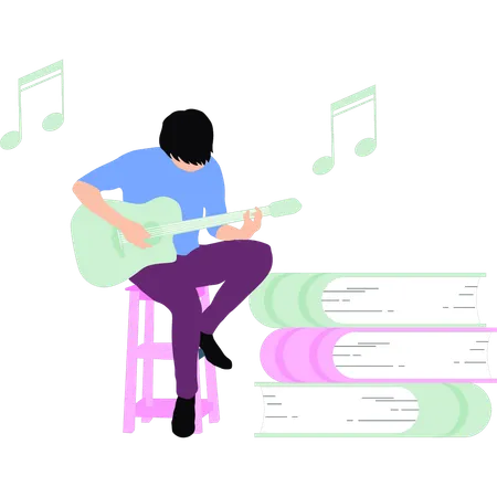 Young boy learning how to play guitar  イラスト
