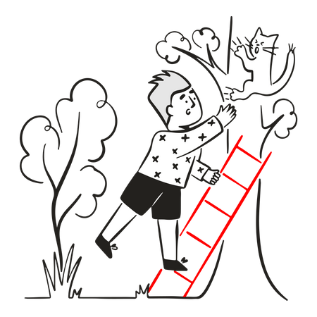 Young boy lets cat down from tree  Illustration