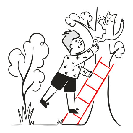 Young boy lets cat down from tree  Illustration