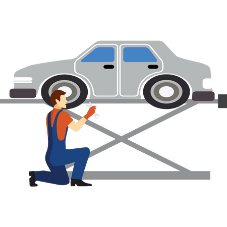 Young boy lifted car up for service Illustration