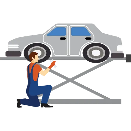 Young boy lifted car up for service Illustration