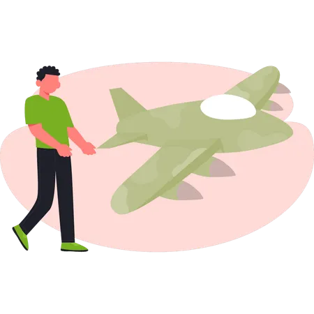 軍用機を眺める少年、84歳  イラスト