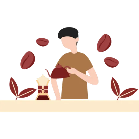 Young boy making coffee  Illustration