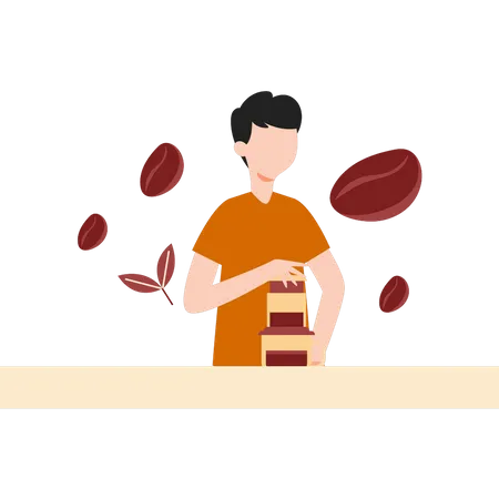 Young boy making coffee  Illustration