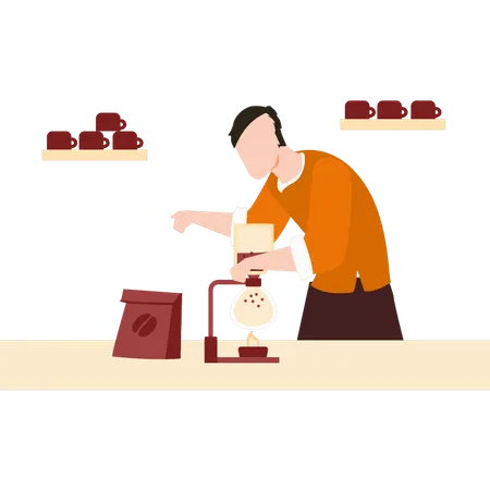 Young boy making coffee  Illustration