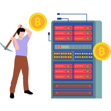 Young boy mining bitcoins  Illustration