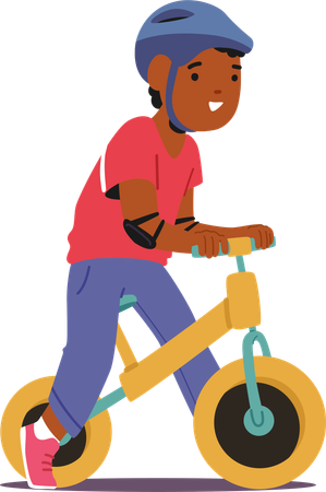 Young Boy On A Yellow Push Bike. African American Kid Character Wears A Helmet And Elbow Pads, Vector Illustration  Illustration