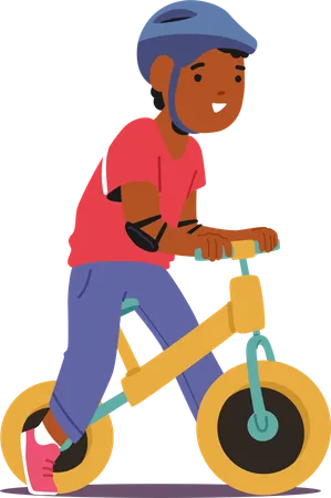 Young Boy On A Yellow Push Bike. African American Kid Character Wears A Helmet And Elbow Pads, Vector Illustration  Illustration