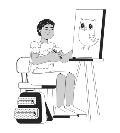 Young boy painting owl on canvas with easel  Illustration